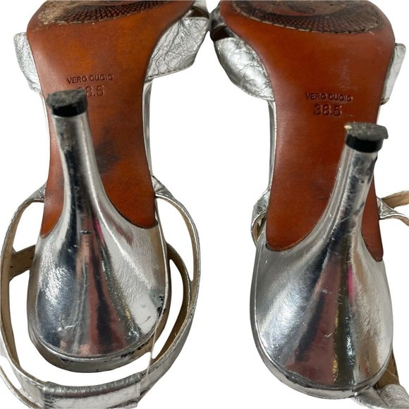 MODERN VINTAGE "Melanie" Sandals Heels Sz 38.5 8 Metallic Silver Open Toe a44 - Picture 8 of 8